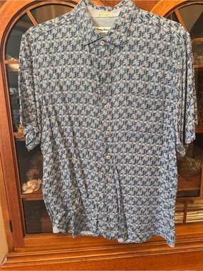 Tommy Bahama Blue Palm-Print Button Down Short-Sleeve Shirt